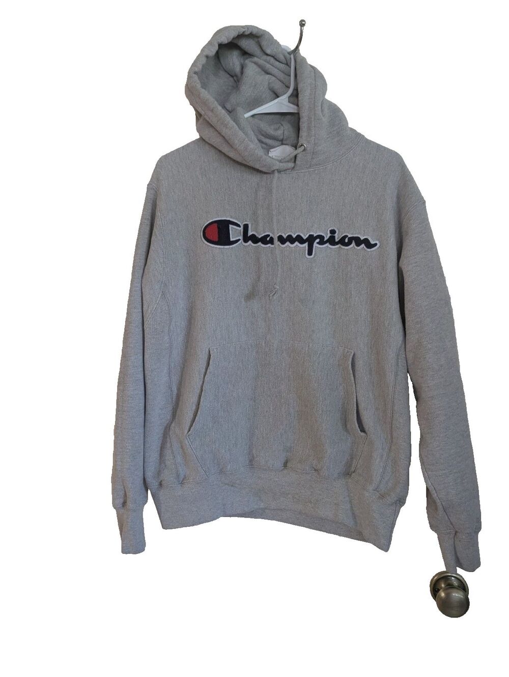 Champion Reverse Weave Pullover Hoodie Heather Gray Script Logo Size Medium